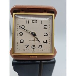 Vintage Westclox Folding Wind Up Travel Alarm Clock Brown Case